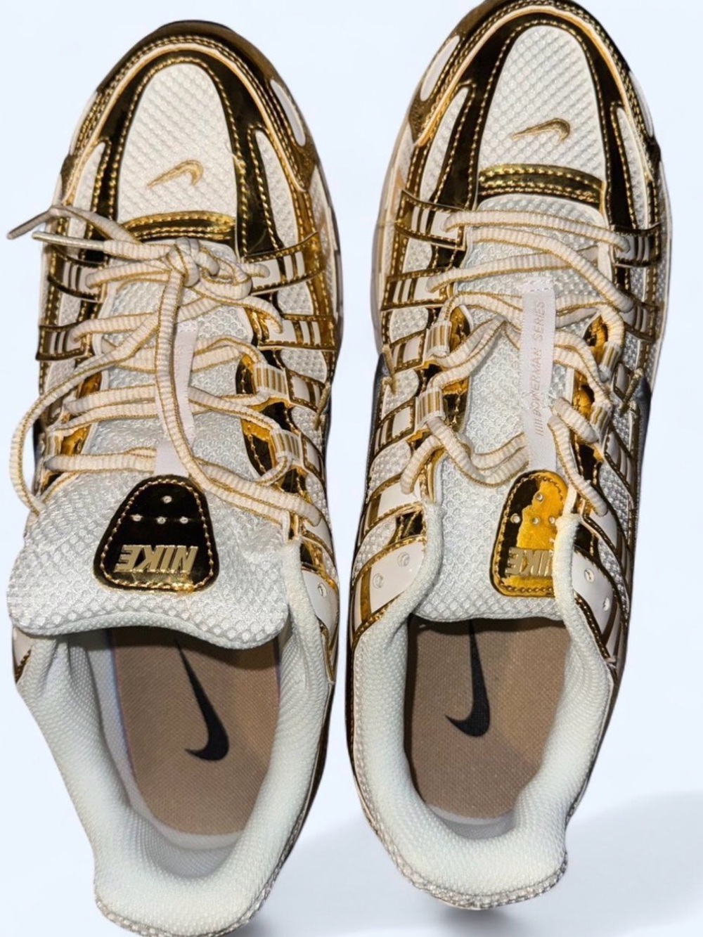 Nike White and Metallic Gold P-6000 Sneakers